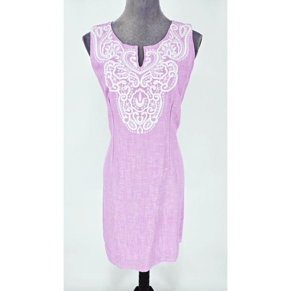 Talbots Dress Womens 6 Lavender Linen Blend White Embroidery Lined Zip New - Picture 1 of 15